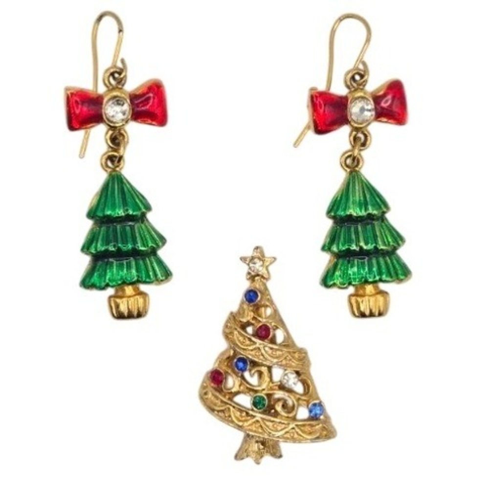 Christmas‎ Tree Brooch Pin & Dangle Earrings Set Red Bow Green Enamel Gold Tone